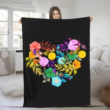 Discover Pride Love - Heart shape Flowers with Butterflies Fleece Blankets