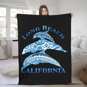 Discover Long Beach California Vacation Tribal Dolphins Fleece Blankets