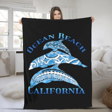 Discover Ocean Beach California Vacation Tribal Dolphins Fleece Blankets