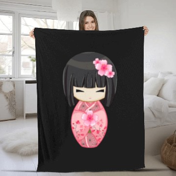 Discover Cherry Blossom Geisha Japanese Kokeshi Doll Fleece Blankets