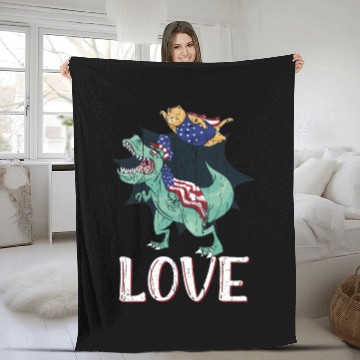 Discover Love America Cat Dinosaur USA Flag 4th Of July Fleece Blankets