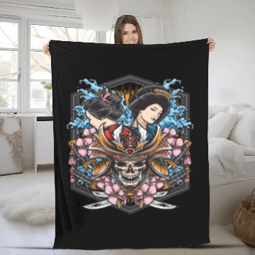 Discover skull samurai with geisha Fleece Blankets