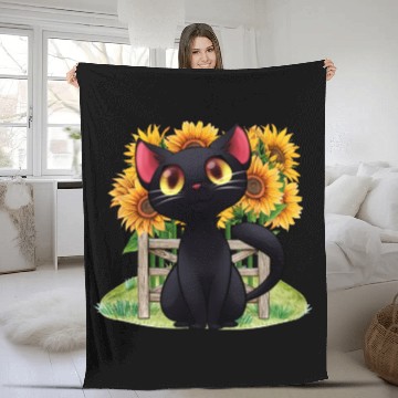 Discover Black Cat With SunFlowers, Gifts For Kitten Lovers Fleece Blankets