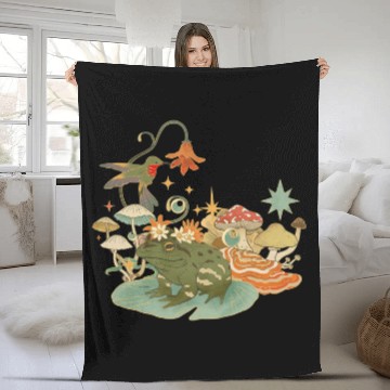 Discover Cottagecore with frog, mushrooms and hummingbird Fleece Blankets