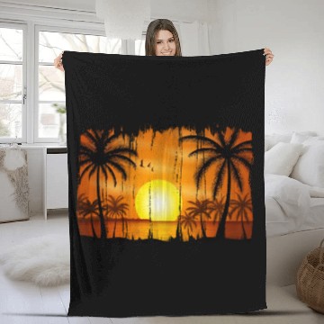 Discover Retro Sunrise, Beach, Palm Trees, Vacation Fleece Blankets