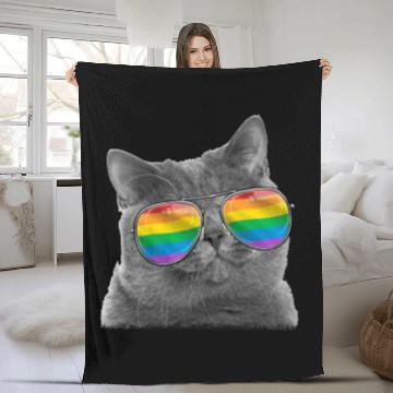 Discover Cat LGBT Sunglasses Gay Pride Rainbow Flag Fleece Blankets