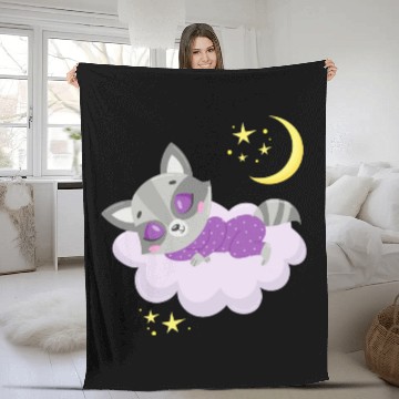 Discover cute raccoon sleeping in cloud Fleece Blankets