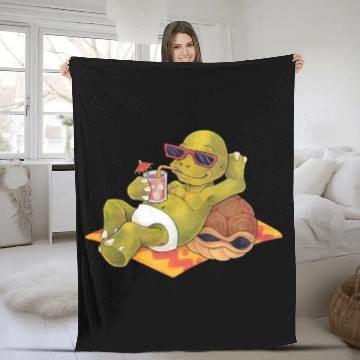 Discover Summer turtle naked on the beach with cocktail Fleece Blankets