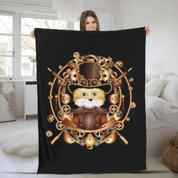 Discover Steampunk fox with cylinder hat in the frame Fleece Blankets