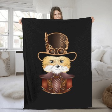 Discover Steampunk fox with ancient cylinder hat look Fleece Blankets