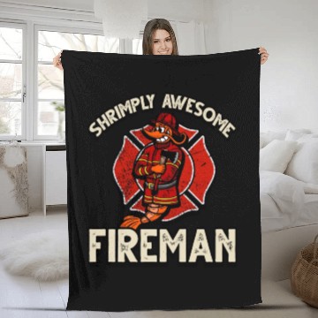 Discover Funny Shrimp/Prawn Pun. Shrimply Awesome Fireman Fleece Blankets