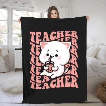 Discover Boba Tea Teacher Cute Kawaii Cat Back To School Fleece Blankets