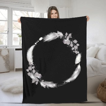 Discover delicate frame of silver colored feathers & leaves Fleece Blankets