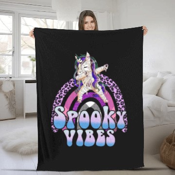 Discover Spooky Vibes Halloween Unicorn Rainbow Girls Fleece Blankets