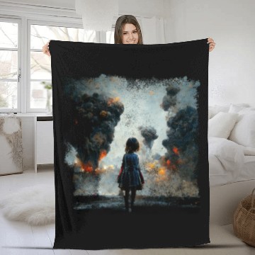 Discover Kid in war looking at explosion AI painting Fleece Blankets