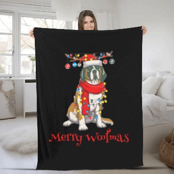 Discover Christmas Saint Bernard Dog Holiday Lights Merry W Fleece Blankets