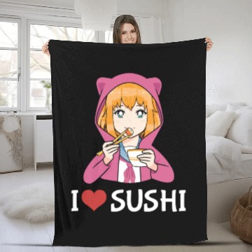 Discover Kawaii Anime Girl I Love Sushi Fleece Blankets
