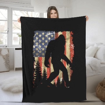 Discover Bigfoot Believe Sasquatch American Flag Silhouette Fleece Blankets