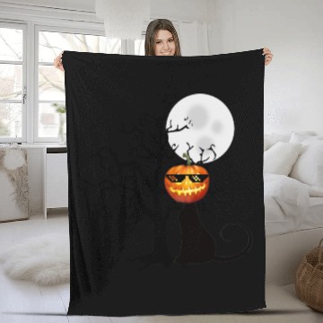 Discover black cat funny face pumpkin Fleece Blankets