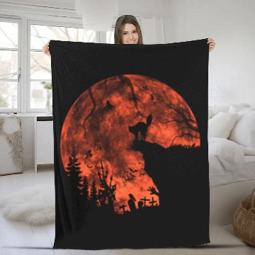 Discover Cat Red Moon trick or treat Bats Forest Funny Hall Fleece Blankets