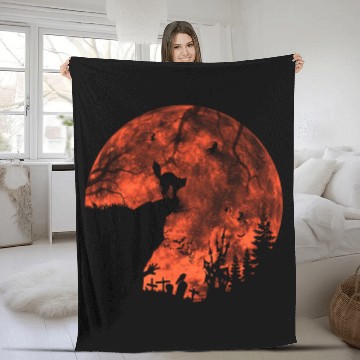 Discover Cat Red Moon trick or treat Bats Forest Halloween Fleece Blankets