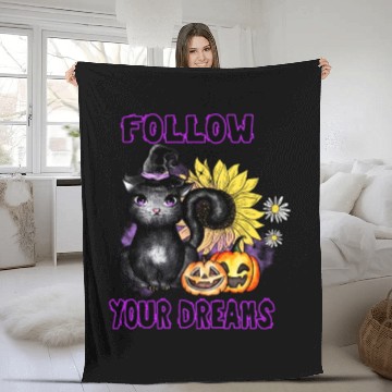 Discover Follow Your Dreams - Black Cat Jack-O-Lantern Fleece Blankets