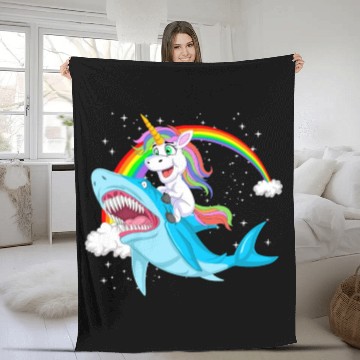 Discover Unicorn riding shark Design Fleece Blankets