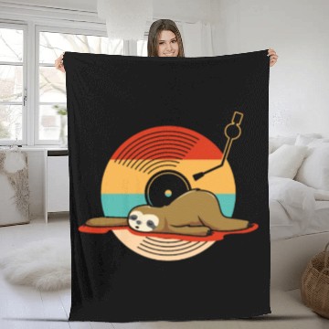 Discover Music Vinyl LP Collection Cute Sleeping Sloth Fleece Blankets