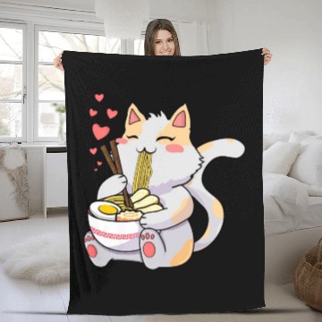 Discover Funny Kawaii Cat Eating Ramen - Kawaii Neko Cat Fleece Blankets