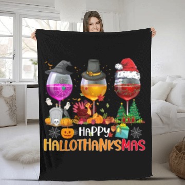 Discover Wine Glasses Witch Santa hat Happy Hallothanksmas Fleece Blankets