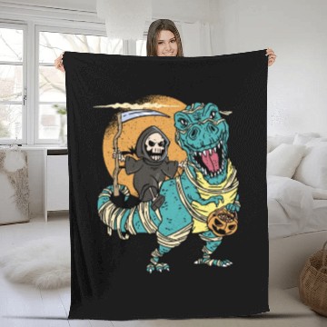 Discover Creepy Grim Reaper Mummysaurus Trex For A Trick Or Fleece Blankets