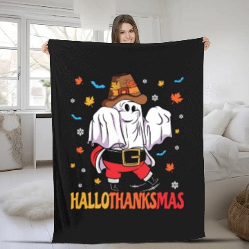 Discover Happy Hallothanksmas Halloween Thanksgiving Santa Fleece Blankets