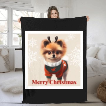 Discover Sweet Miniature Spitz pomeranian in a Christmas. Fleece Blankets