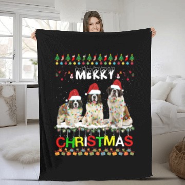 Discover Saint Bernard Christmas Tree Light Pajama Xmas Dog Fleece Blankets