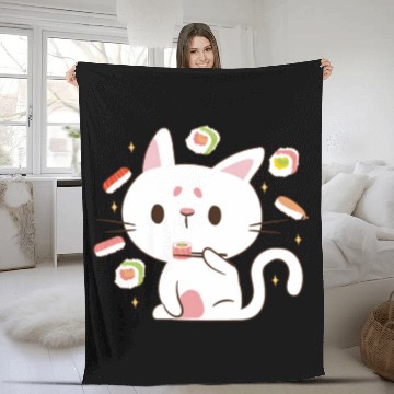 Discover Kawaii Cat Eating Sushi Japanese Raw Food Fleece Blankets