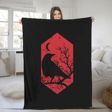 Discover Raven in the Night on a Branch Crow Fleece Blankets