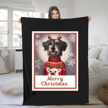 Discover Miniature Black Schnauzer in a Christmas sweater. Fleece Blankets