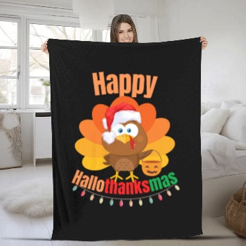 Discover Happy Hallothanksmas Trick or Treat Santa Turkey Fleece Blankets