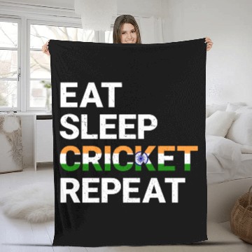Discover Eat Sleep Cricket Repeat IND Flag Sports Gift Fleece Blankets