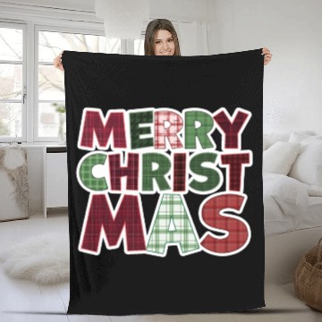 Discover Merry Christmas Motif Plaid Pattern Fleece Blankets
