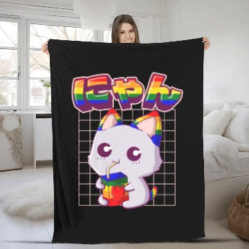 Discover Gay Pride Kawaii Cat Strawberry Milk Rainbow Flag Fleece Blankets