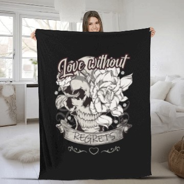 Discover Love With No Regrets Skull With Roses Gift Fleece Blankets