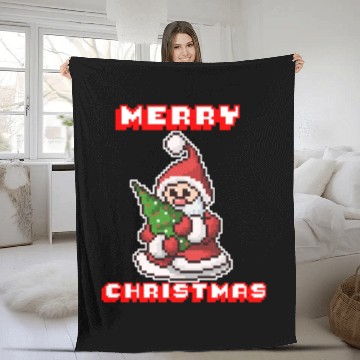 Discover Merry Christmas I Xmas I 8 Bit Pixelated Santa Fleece Blankets