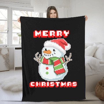 Discover Merry Christmas I Xmas I 8 Bit Pixelated Snowman Fleece Blankets