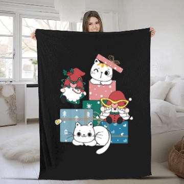 Discover cute gnome and kitty cats on present gift box Fleece Blankets