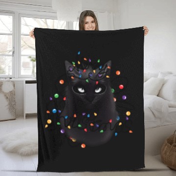 Discover Black Cat christmas light Fleece Blankets
