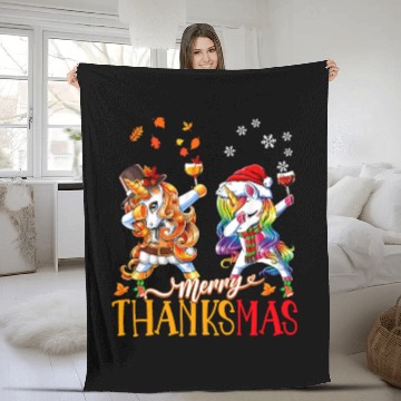 Discover Merry Thanksmas funny unicorn Thanksgiving xmas Fleece Blankets