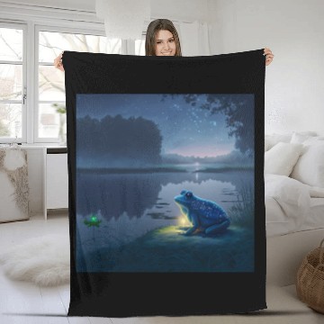 Discover Blue Frog and Firefly on a pond at Night Fleece Blankets