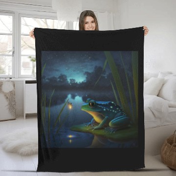 Discover Frog and Firefly Friends on the Pond at Night Fleece Blankets