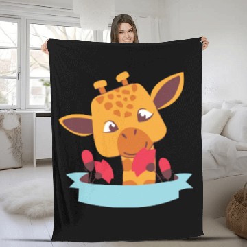 Discover kawaii funny cute baby giraffe smells flowers Fleece Blankets